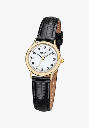 Montre-bracelet classique avec un boîtier doré, un cadran blanc, des chiffres arabes noirs et un bracelet en cuir noir avec des détails de couture.