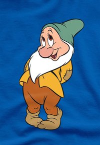 Cartoon character with a green hat, yellow shirt, brown pants, and gray shoes, smiling against a blue background, featuring a white beard.