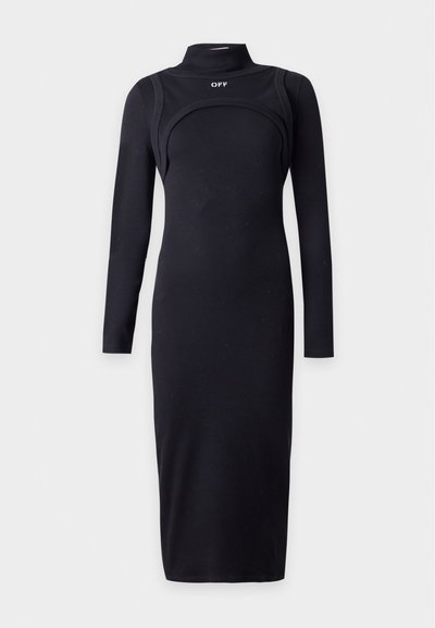 Robe midi noire à manches longues avec col montant et silhouette ajustée, avec un détail découpé et le mot "OFF" sur la poitrine.