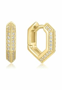 Guld-farvede hoops øreringe med V-formet design, der har en række små klare sten på den ene side og en glat poleret finish.