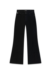 Czarne dzwony z wysokim stanem, z przednimi kieszeniami, zapięciem na guziki oraz kontrastowym przeszyciem wzdłuż szwów.