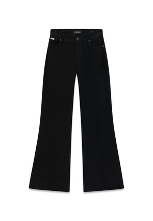 Zwarte flared jeans met een hoge taille, voorzien van voorzakken, een knoopsluiting en contrasterende stiksel details langs de naden.