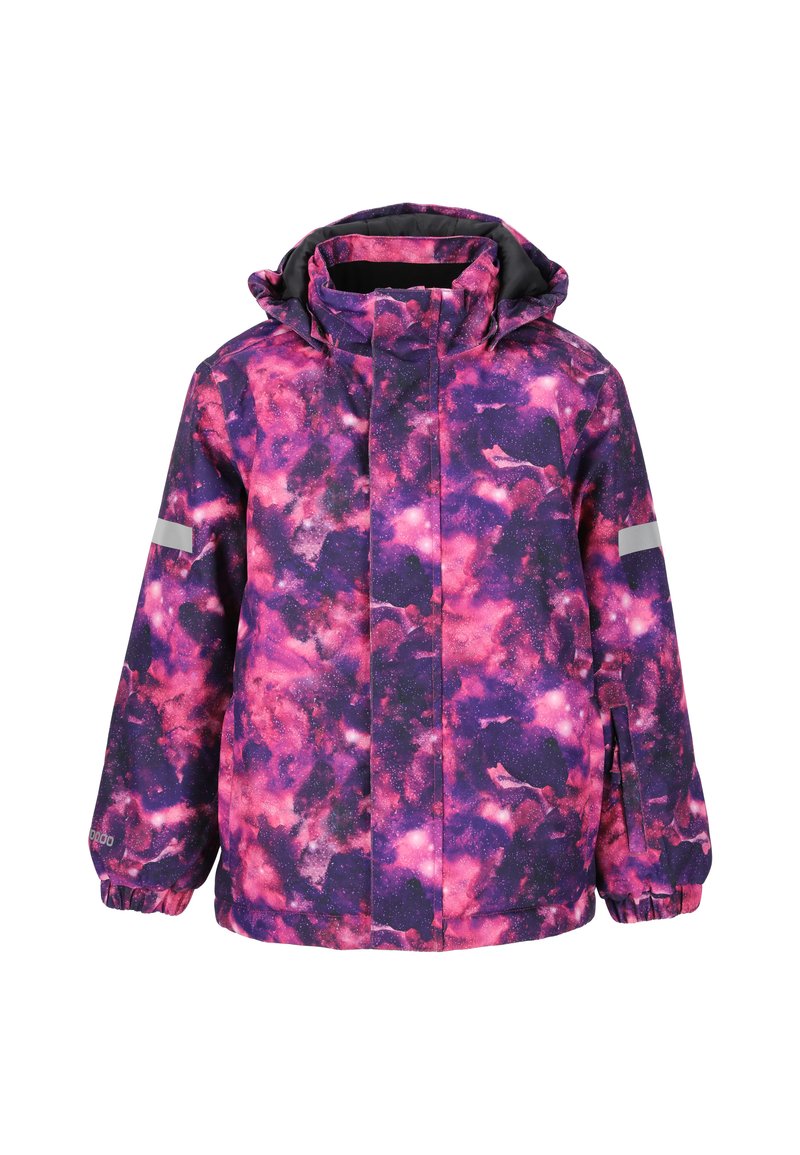 Violetti ja vaaleanpunainen kaarroke kuvioilla, jossa on huppu, etuvetoketju, joustavat hihansuut ja heijastinraidoilla varustetut hihat.