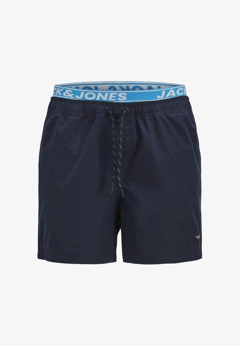 Marine zwemshorts gemaakt van lichtgewicht stof, met een elastische tailleband en een blauwe logoband, evenals een trekkoord voor aanpassing.