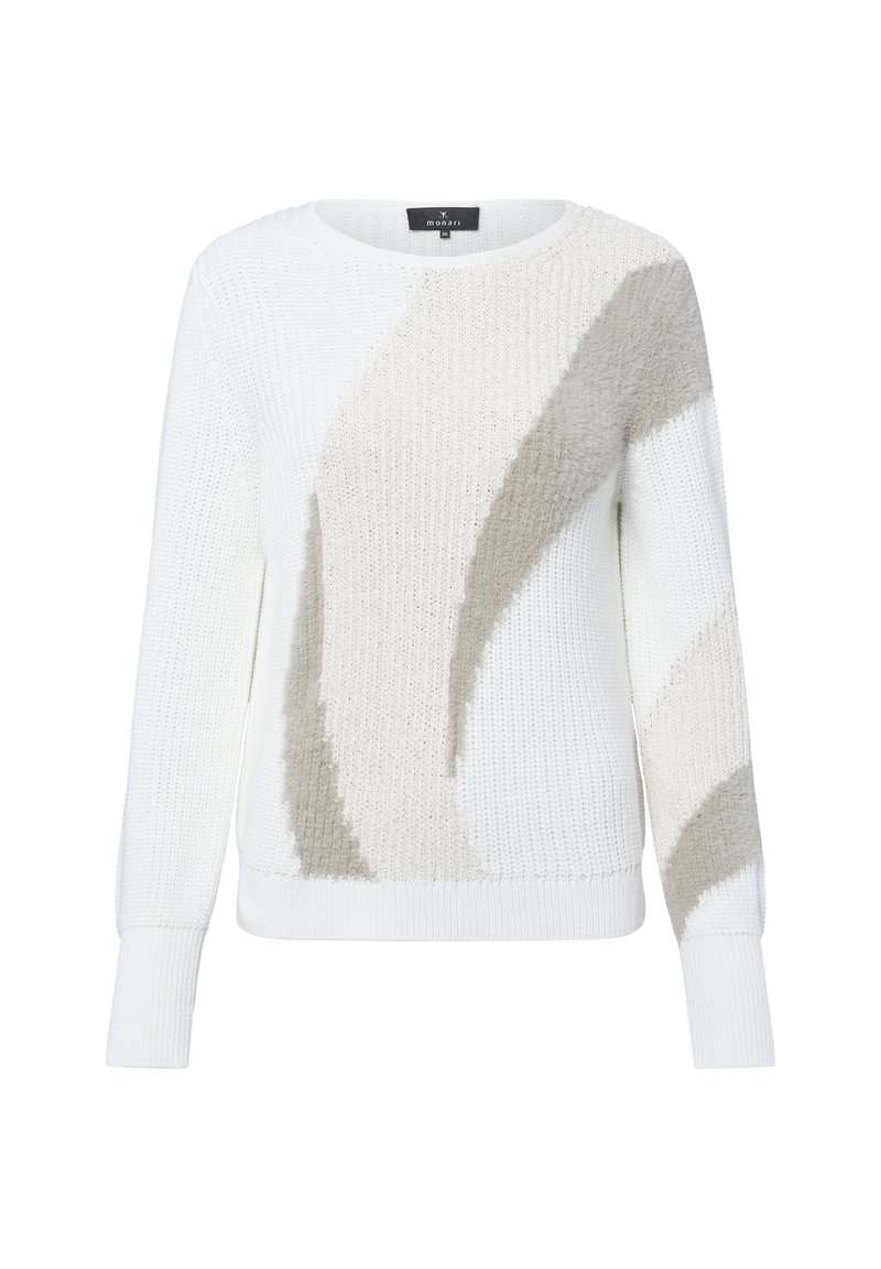 White knit sweater with beige curved patterns, long sleeves, crew neck, and ribbed cuffs and hem.
