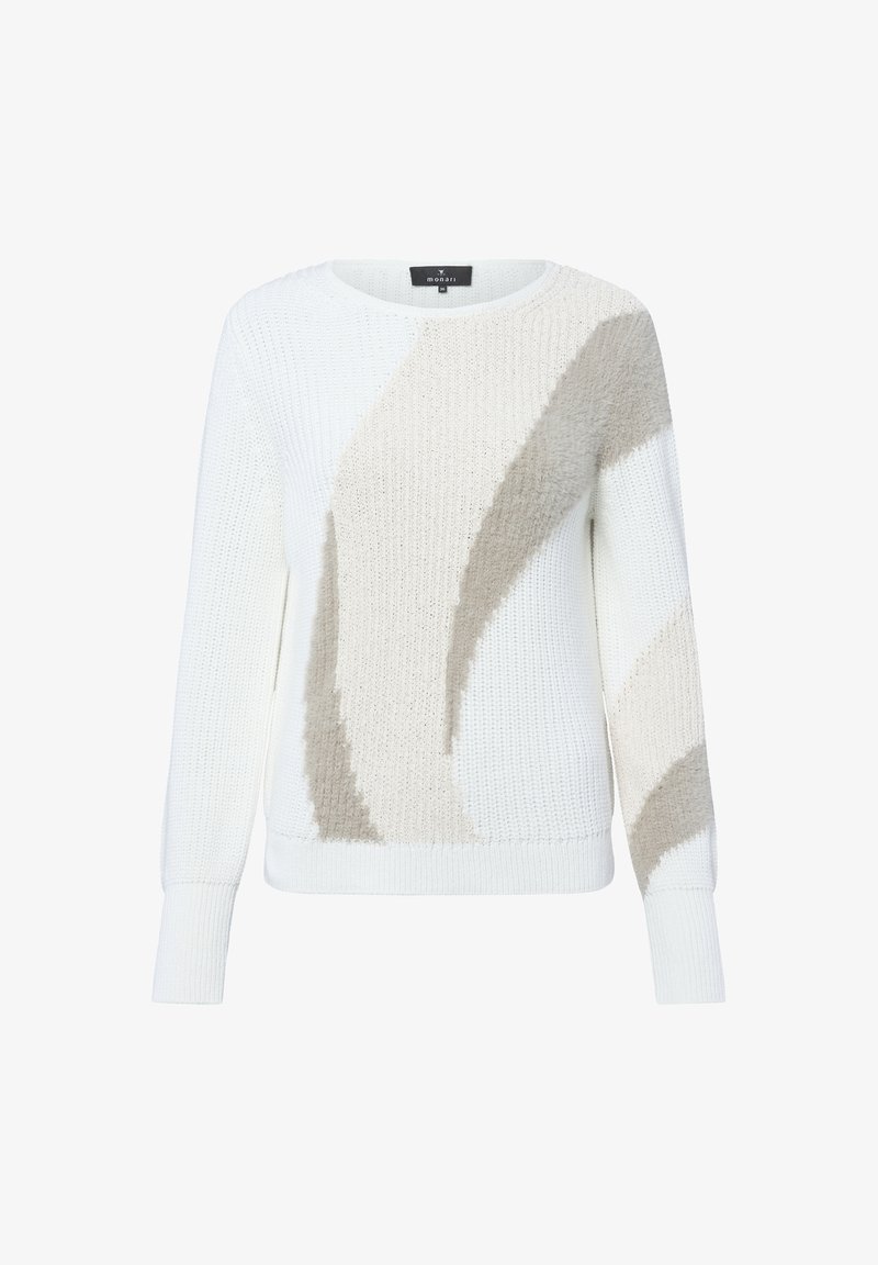 Pull en tricot blanc avec des motifs incurvés beiges, manches longues, col rond, et poignets et ourlet côtelés.