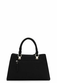 Black handbag with a structured design, textured fabric, dual top handles, and a front zipper pocket. Features metallic accents.