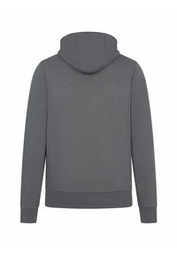 Szary hoodie z okrągłym kapturem, długimi rękawami i ściągaczami. Gładka tekstura i prosty design, brak widocznych logo lub wzorów.