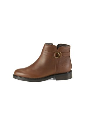 Braune Leder-Ankle-Boots mit runder Spitze, einem strukturierten Einsatz und einem goldenen Schnallenakzent. Verfügt über einen niedrigen Blockabsatz und genähte Details.