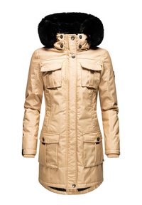 Beige parka takki, jossa on tekoturkis-huppu, neljä etutaskua, nappi- ja vetoketjukiinnitykset, teksturoitu kangas ja keskipitkä muotoilu.