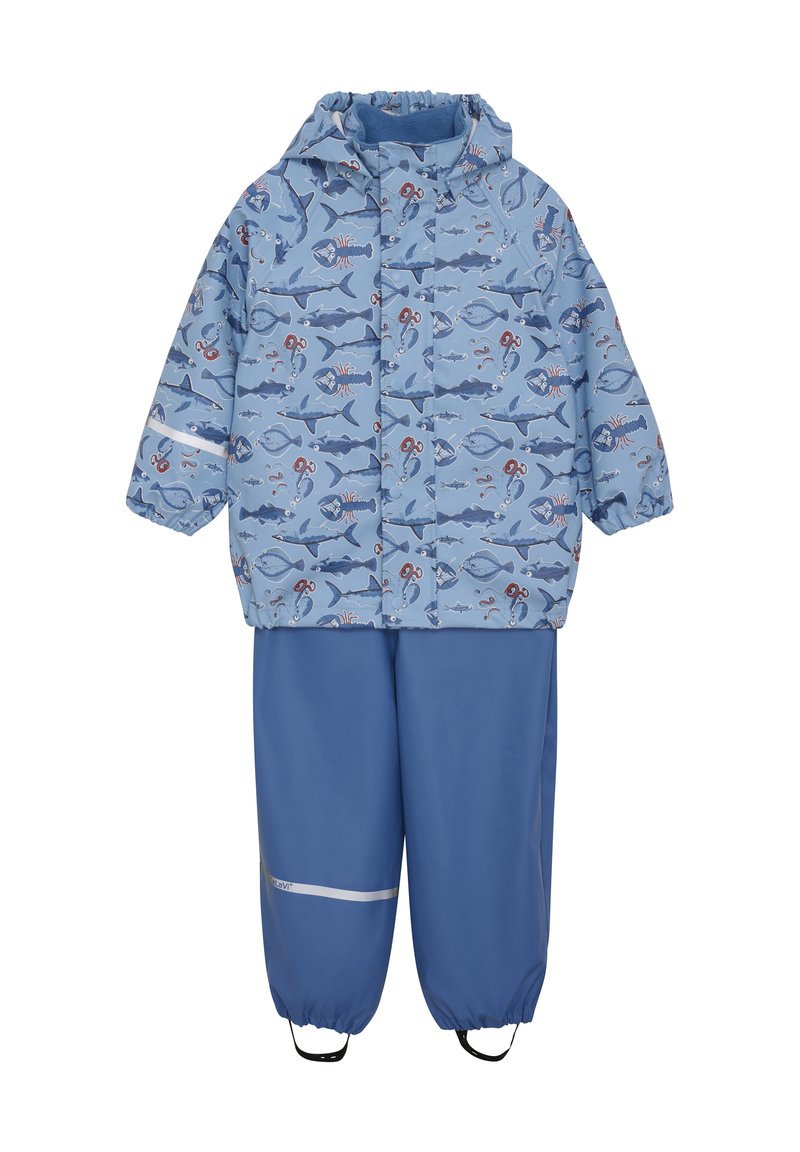 Blue waterproof rain jacket and pants with an aquatic pattern featuring fish and octopuses. Jacket has a hood and elastic cuffs; pants have a reflective strip.