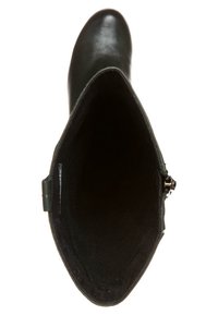 Vue de dessus d'une botte en cuir noir ouverte montrant la doublure intérieure et la fermeture éclair sur le côté.