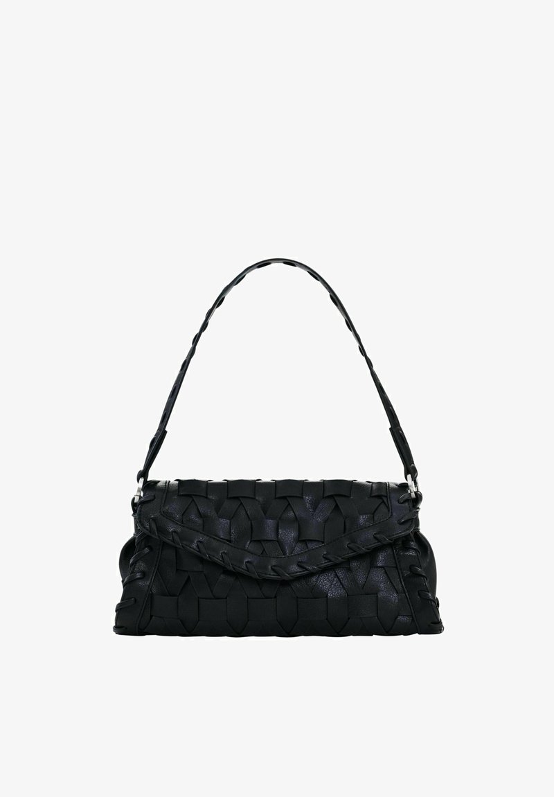 Black leather shoulder bag with woven texture and stitched detailing, featuring a flap closure and a single strap.