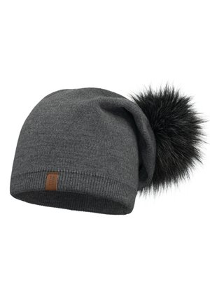 Gray knitted beanie with a faux fur pom-pom on top. Features a ribbed cuff and a small brown leather tag. Soft texture and slouchy design.