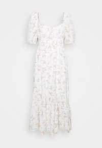 Vestido maxi blanco con mangas abullonadas, cintura elástica y dobladillo de volantes en capas. Presenta pequeños patrones botánicos en rosa y verde en todo su diseño.