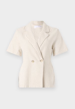 Bežs žakets ar īsām piedurknēm, dubultās svītras dizains, vertikālas svītras, divi lieli pogas un iedobta apkakle. Gluda tekstūra.