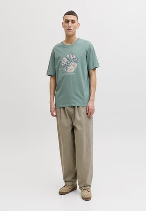 Mand stående iført en grøn T-shirt med grafik, løstsiddende beige bukser og beige afslappede sko på en ensartet hvid baggrund.