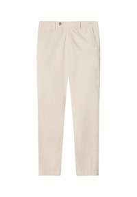Beige rechte broek met steekzakken, riemlussen en een knoopsluiting aan de voorkant.