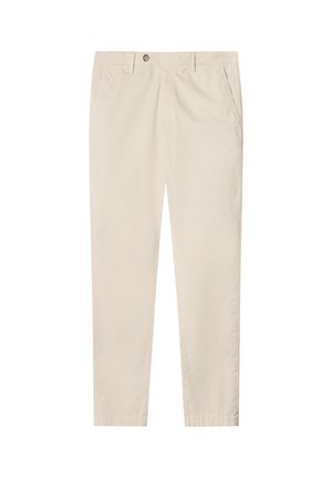 Pantaloni beige a gamba dritta con tasche laterali, passanti per cintura e chiusura frontale con bottone.