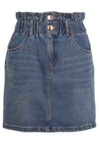 Jupe en jean avec une taille élastique froncée, comportant deux poches avant, de couleur bleu clair, avec des coutures orange contrastantes. Boutons à la taille.