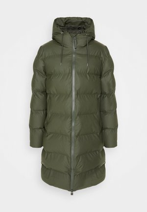 Olive green puffer coat, featuring a zip front, elastic drawstring hood, and a quilted design with a mid-length cut.