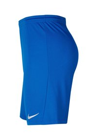 Blaue Sportshorts aus leichtem Material, mit einem elastischen Bund und einem weißen Nike-Swoosh-Logo auf der unteren linken Seite.