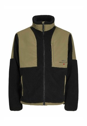 Fleecejack met een zwart en olijfgroen colorblock ontwerp, hoge kraag, ritssluiting aan de voorkant en zijzakken. Zachte textuur met een casual pasvorm.