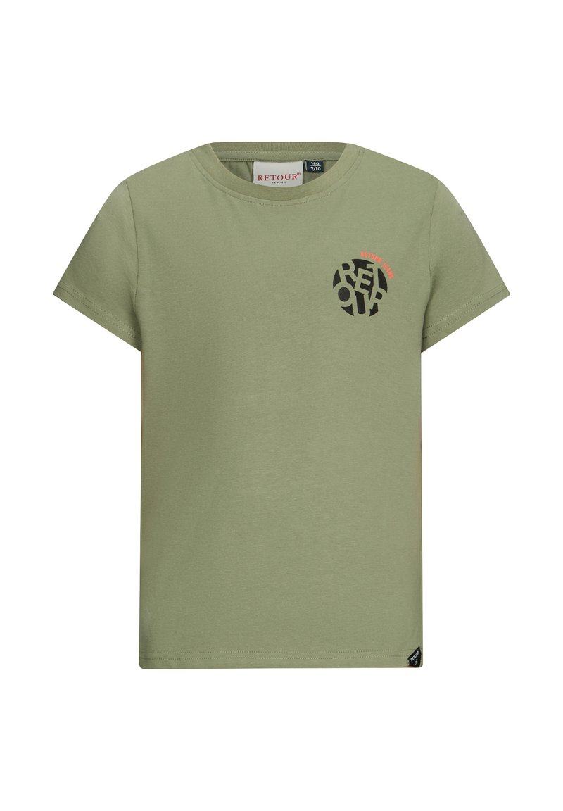 T-shirt in cotone verde oliva con maniche corte. Presenta un logo circolare nero e corallo sul petto. Collo rotondo, vestibilità standard.
