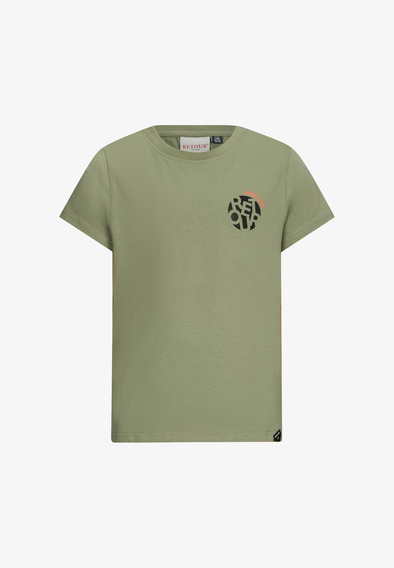 Oliwkowa bawełniana koszulka z krótkim rękawem. Posiada czarno-koralowy okrągły logo na klatce piersiowej. Okrągły dekolt, standardowy krój.