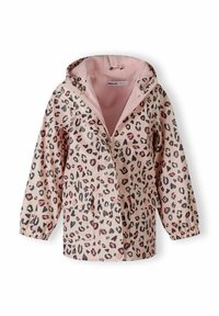 Rosa vattentät jacka med ett leopardmönster i svart och dämpat rött, med dragkedja framtill, två framfickor och elastiska ärmslut.