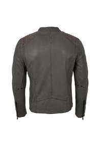 Herren graue Lederjacke mit tailliertem Schnitt, strukturierten Schulterakzenten, Reißverschlüssen an den Ärmeln und Nähdetails auf dem Rücken.