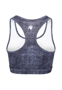 Sportbeha met een gemêleerde donkergrijze textuur, racerback ontwerp en contrasterende witte schouderbanden. Heeft een klein logo op de achterkant.