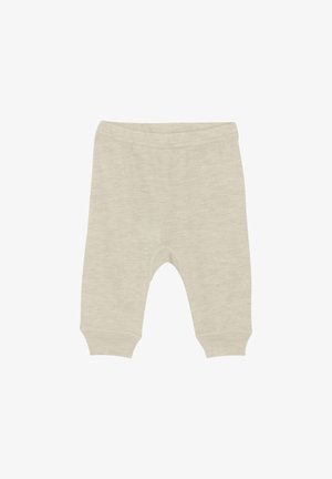 Lichtbeige gebreide babybroek met elastische tailleband, ribgebreide manchetten en een coconvorm. Zachte textuur met een subtiel gemêleerd patroon.