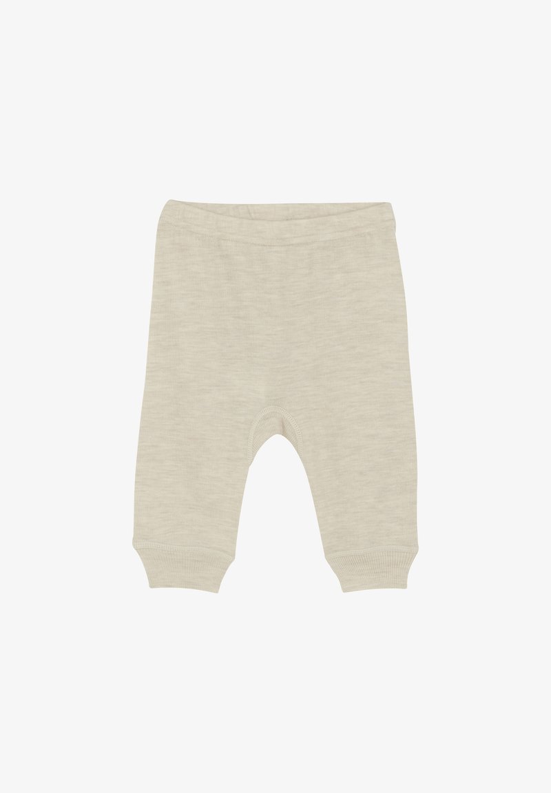 Diese hellbeigen Babypants aus Strick haben einen elastischen Bund, gerippte Bündchen und eine Kokonform. Sie sind aus weichem Material mit einem subtilen melierten Muster.