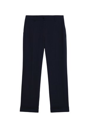 Marineblauwe broek van een gladde stof, met zijzakken, een knoopsluiting en omgeslagen manchetten voor een gestructureerde uitstraling.