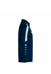 Polo a maniche lunghe blu navale con pannelli bianchi sulle spalle, logo rotondo e bottoni sulle maniche, realizzato in tessuto morbido e leggero.