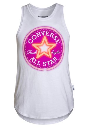 Hvid ærmeløs tanktop med stort pink og orange Converse All Star Chuck Taylor-logo centreret på brystet.