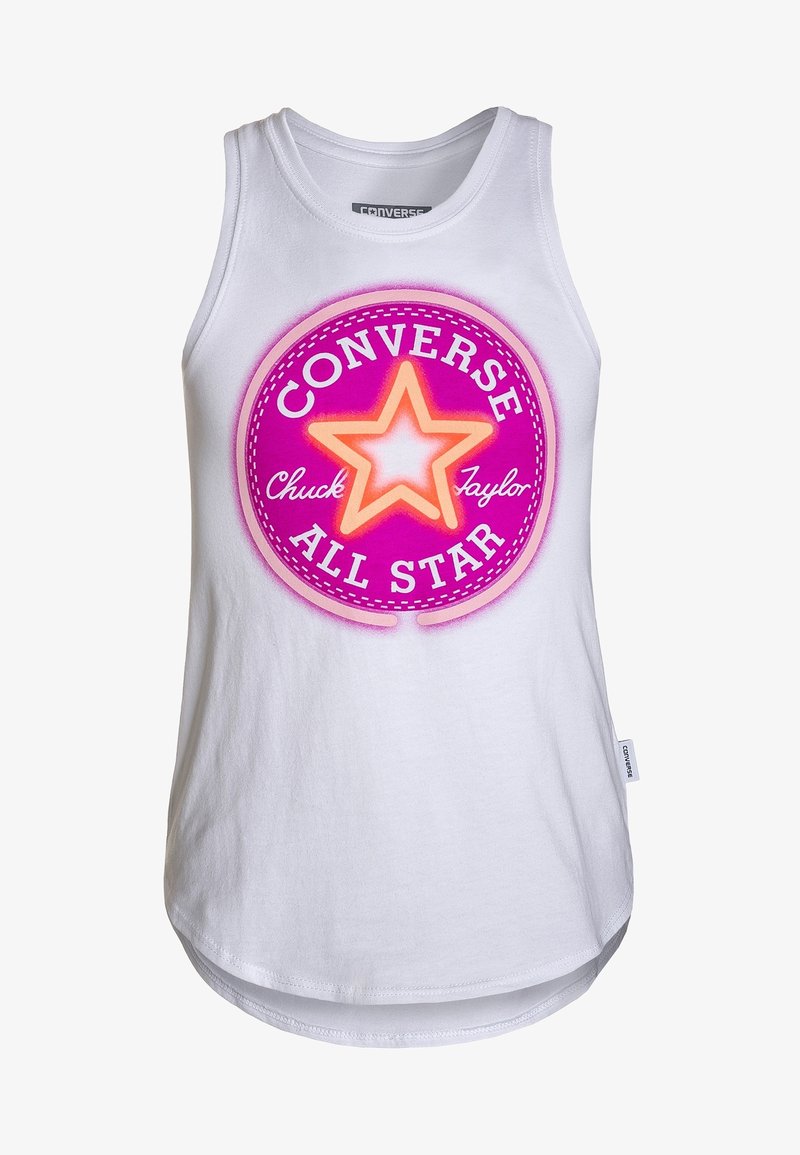 Débardeur blanc sans manches avec un grand logo Converse All Star Chuck Taylor rose et orange centré sur la poitrine.