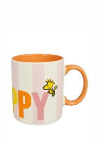 Ceramic mug featuring orange handle and interior. White exterior with pink stripes. "HAPPY" text in yellow, orange, and pink, with a small character illustration.