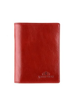 Red leather passport holder with a textured finish, featuring a subtle embossed logo at the bottom. Rectangular shape, compact design.