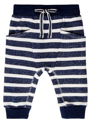 Babybukser i marineblå og hvid stribet med elastisk talje, forlommer, snøre og opsmøg ved anklerne.