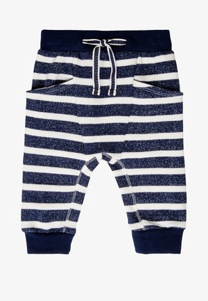 Pantalon bébé rayé bleu marine et blanc avec taille élastique, poches avant, cordon de serrage et chevilles resserrées.