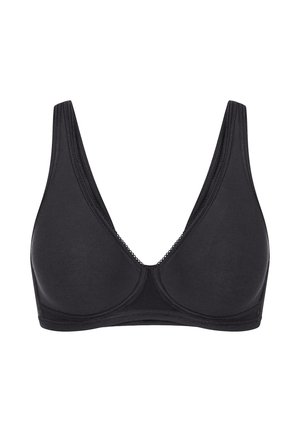 Schwarzer kabelloser BH mit tiefem V-Ausschnitt, glatten Cups und breiten Trägern, die für Komfort und Halt sorgen.