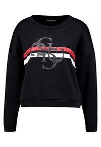 Sweat-shirt noir à encolure ronde, avec un logo pailleté et des bandes horizontales rouges, blanches et noires sur la poitrine.