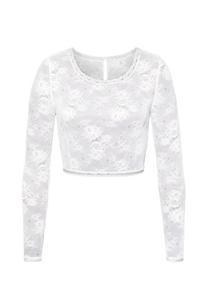 Weißes langärmeliges Crop-Top aus Blumen-Spitzenstoff mit rundem Ausschnitt und kleinem Schlüsselloch hinten.
