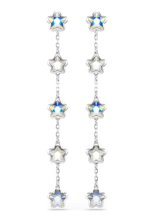 Long silver chain earrings with five linked star-shaped crystals alternating clear and iridescent blue colors.