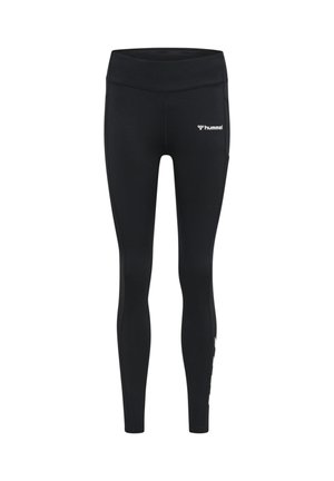 Zwarte sportleggings met hoge taille, met een klein wit hummel-logo op het bovenbeen en een chevron-patroon langs het onderbeen.