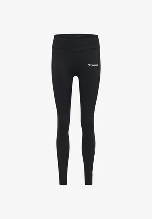Zwarte sportleggings met hoge taille, met een klein wit hummel-logo op het bovenbeen en een chevron-patroon langs het onderbeen.