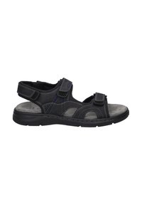 Sandal nero con due cinturini regolabili in velcro, soletta grigia testurizzata, dettagli cuciti e suola resistente con ammortizzazione.