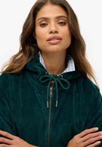 Chupa de terciopelo con cremallera en verde azulado profundo, con capucha ajustable, detalles plateados y un cuello a rayas en contraste que asoma. Textura suave visible.